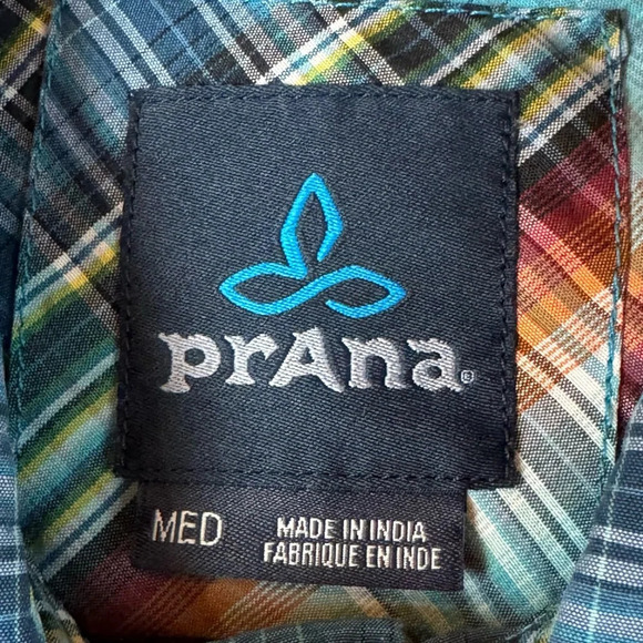 prAna Men's Medium Ostend Short Sleeve Button Down Shirt Plaid Blue Teal Orange - Picture 3 of 7